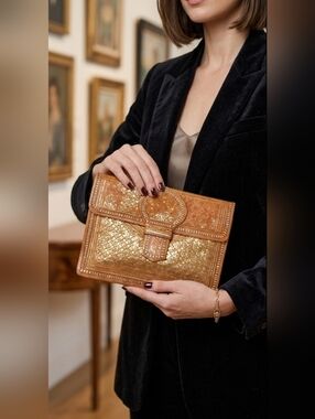 Vintage Moroccan Hand-Tooled Tooled Leather Gold Leaf Clutch & Wallet.